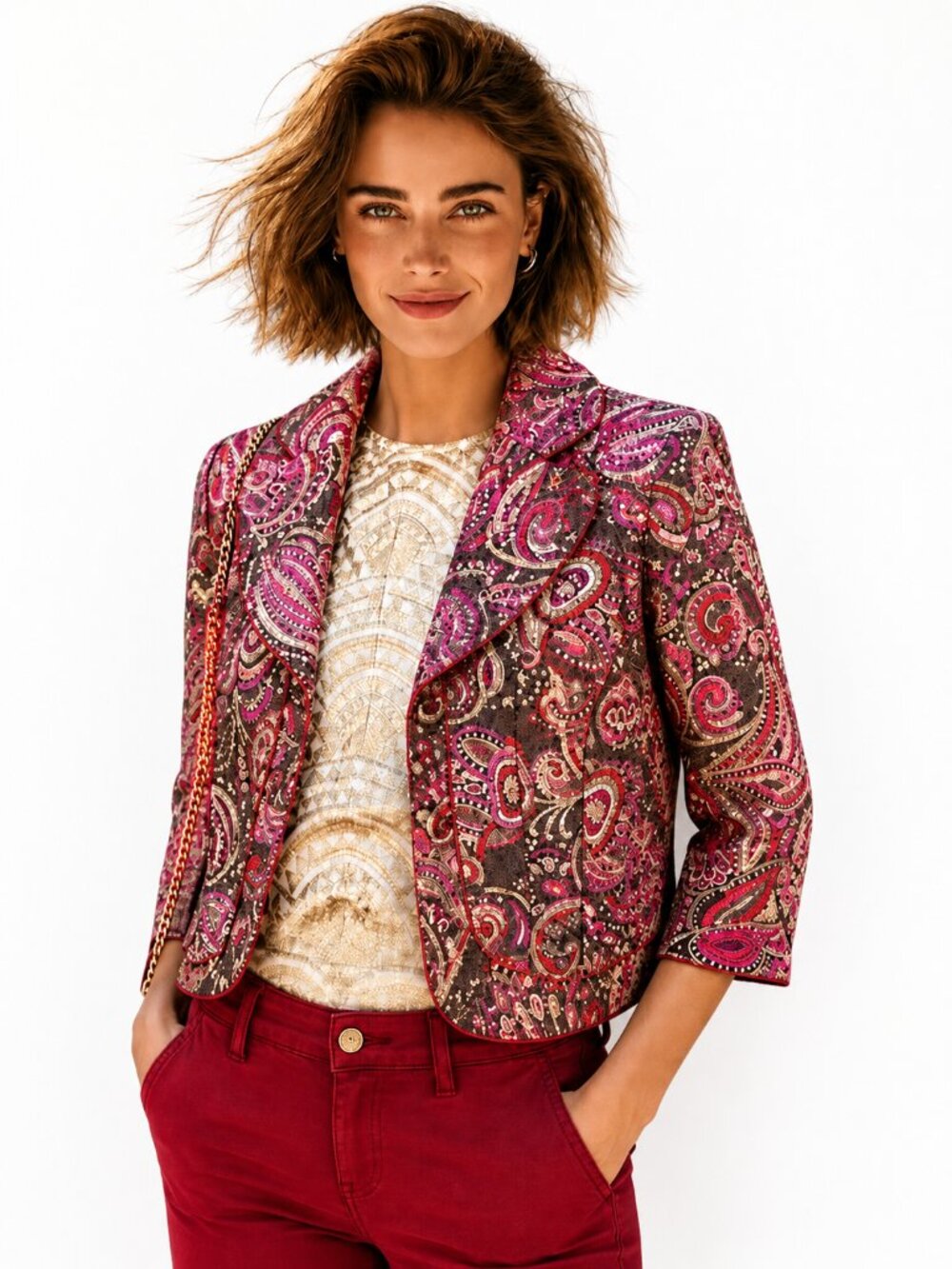 Statement Paisley Cropped Jacket, tapestry type material | 3/4 Sleeve